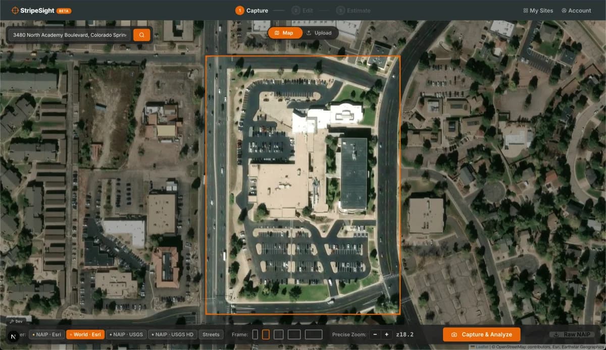 StripeSight capture screen showing satellite map with analysis frame