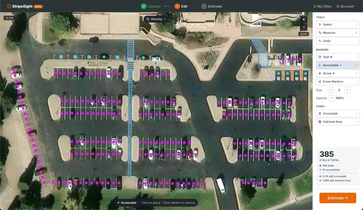 StripeSight showing parking stall markers overlaid on satellite imagery