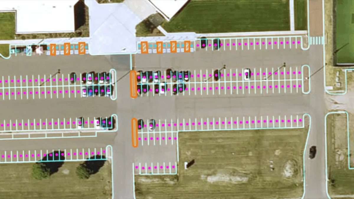 StripeSight review screen with detected stalls marked on the lot